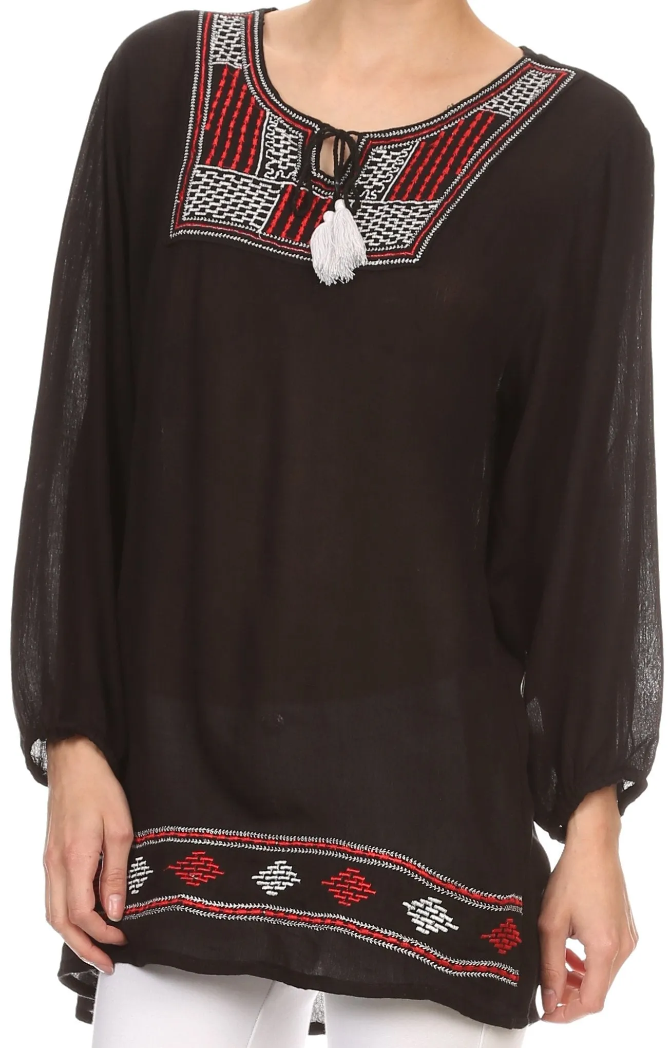 Sakkas Samne Long 3/4 Length Sleeve Embroidered Batik Blouse Tunic Shirt Top