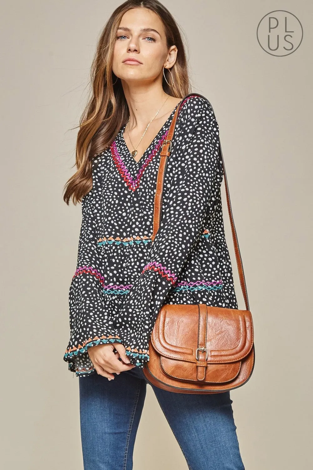 Savannah Jane Black and White Leopard Print Tunic with Embroidered Accents-PLUS