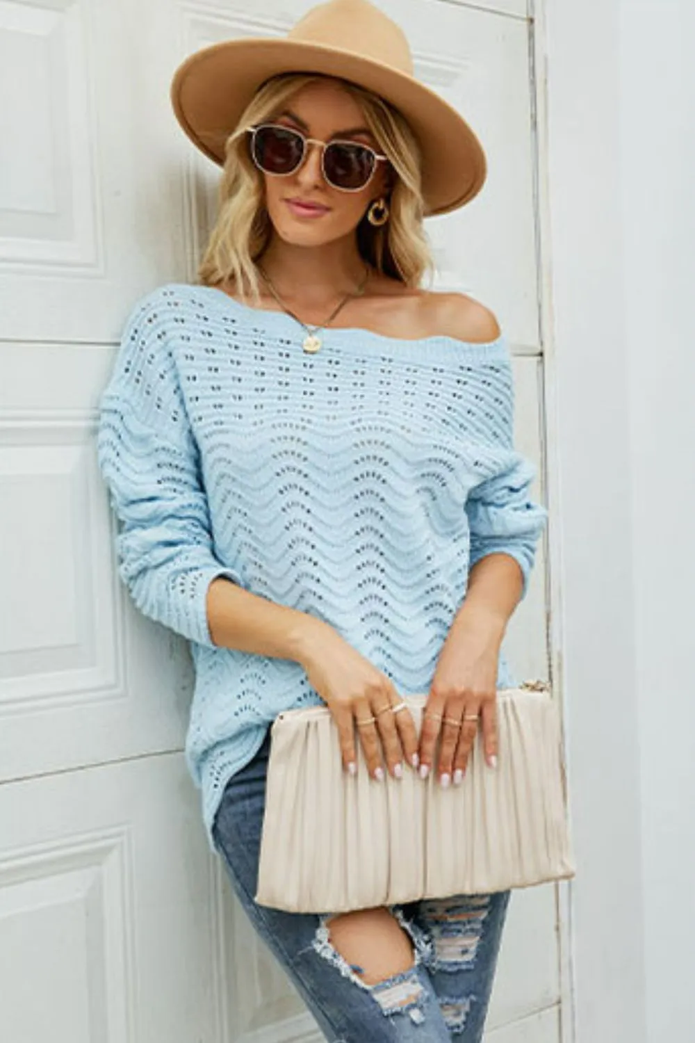 Scalloped Boat Neck Openwork Tunic Sweater