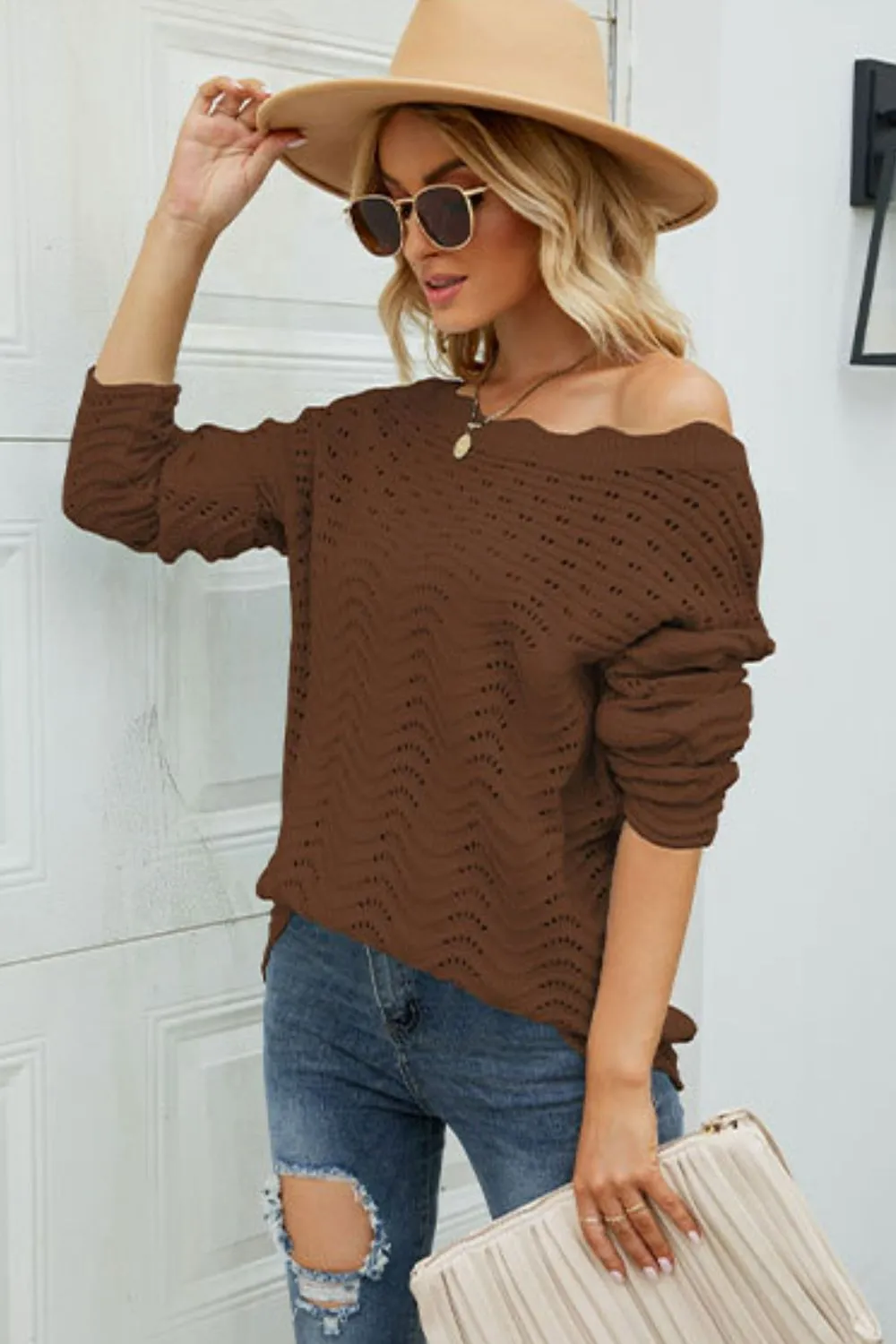 Scalloped Boat Neck Openwork Tunic Sweater