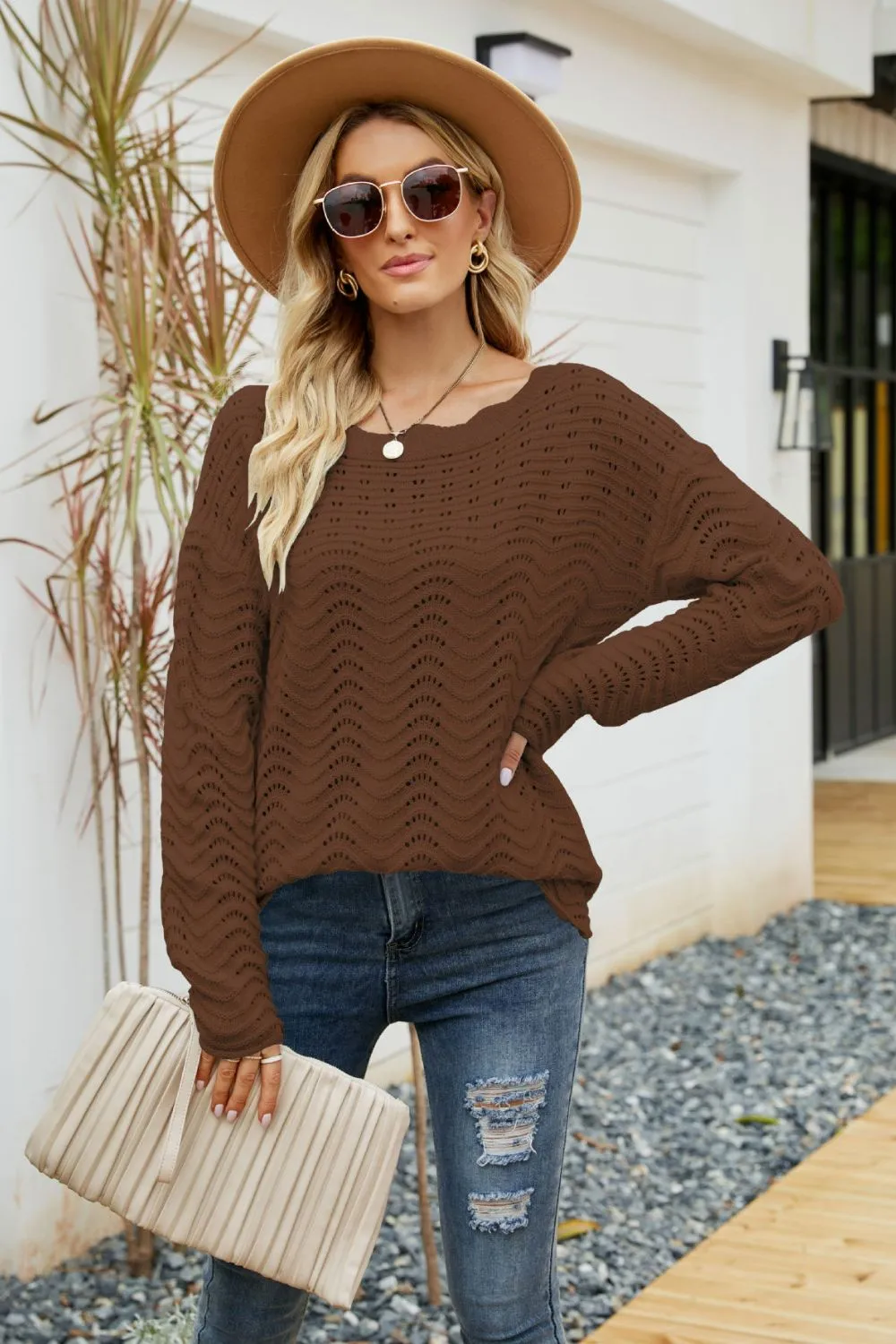 Scalloped Boat Neck Openwork Tunic Sweater