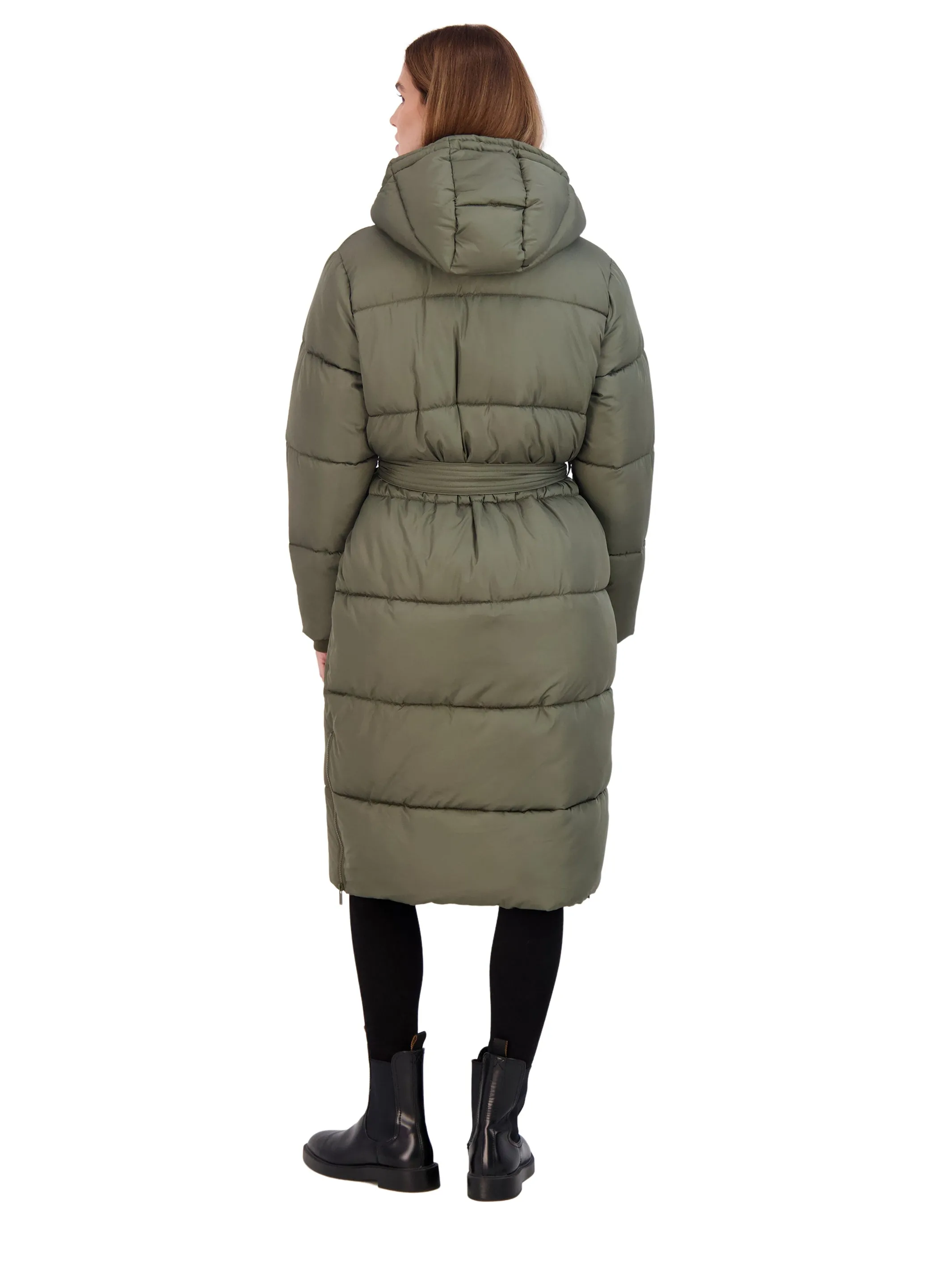 Sebby Collection Women's Long Puffer Jacket with Hood and Belt