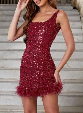 Sequined Feather Sleeveless Slim Dress