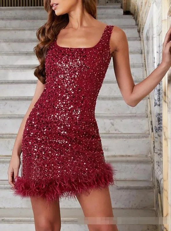 Sequined Feather Sleeveless Slim Dress