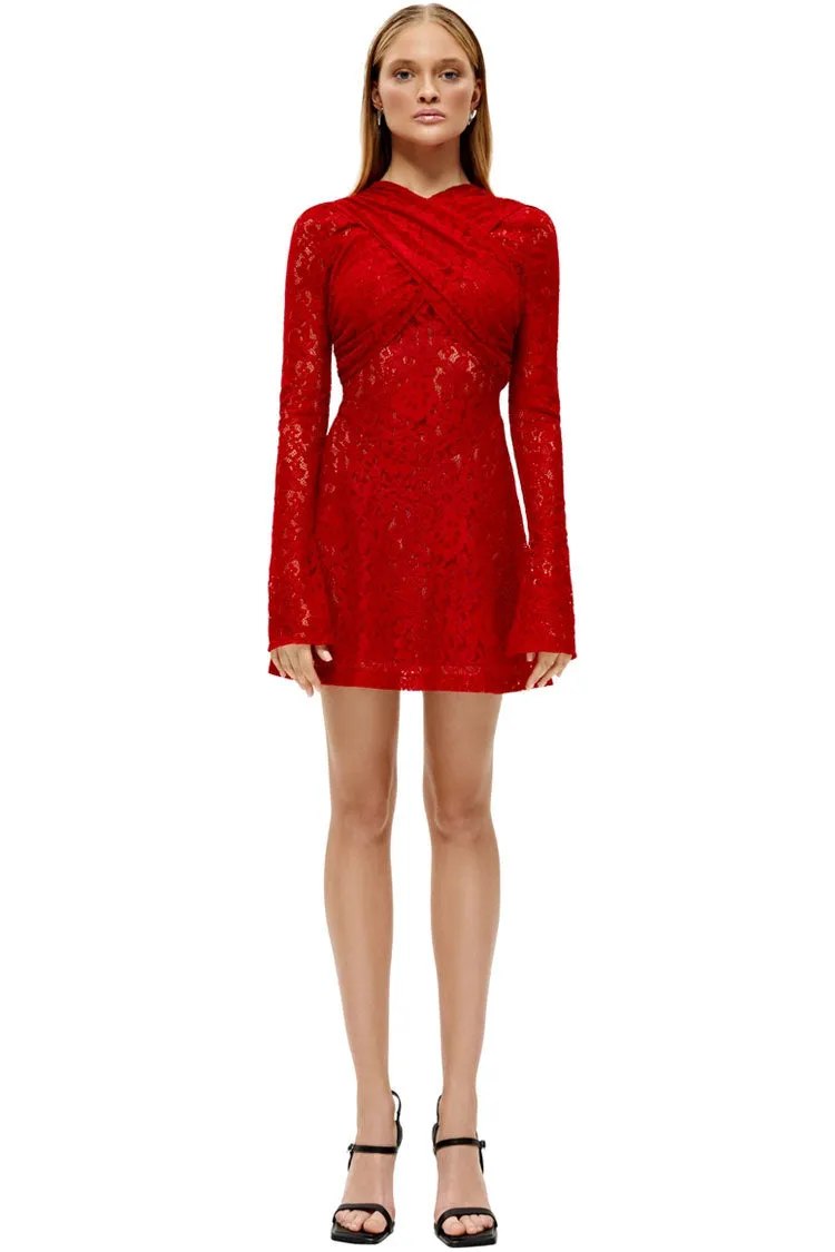 Sexy Cross Front Semi Sheer Long Sleeve Lace Party Mini Dress - Red