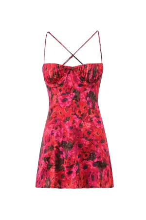 Sexy Floral Print Bow Pleated Bustier Cutout Cami Party Micro Mini Dress