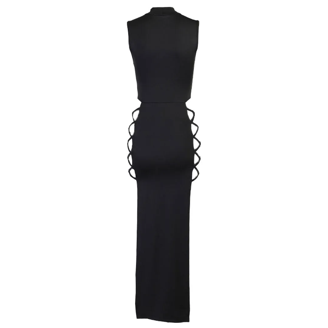 Sexy High Neck Sleeveless High Slit  Cut Out Maxi Dress - Black