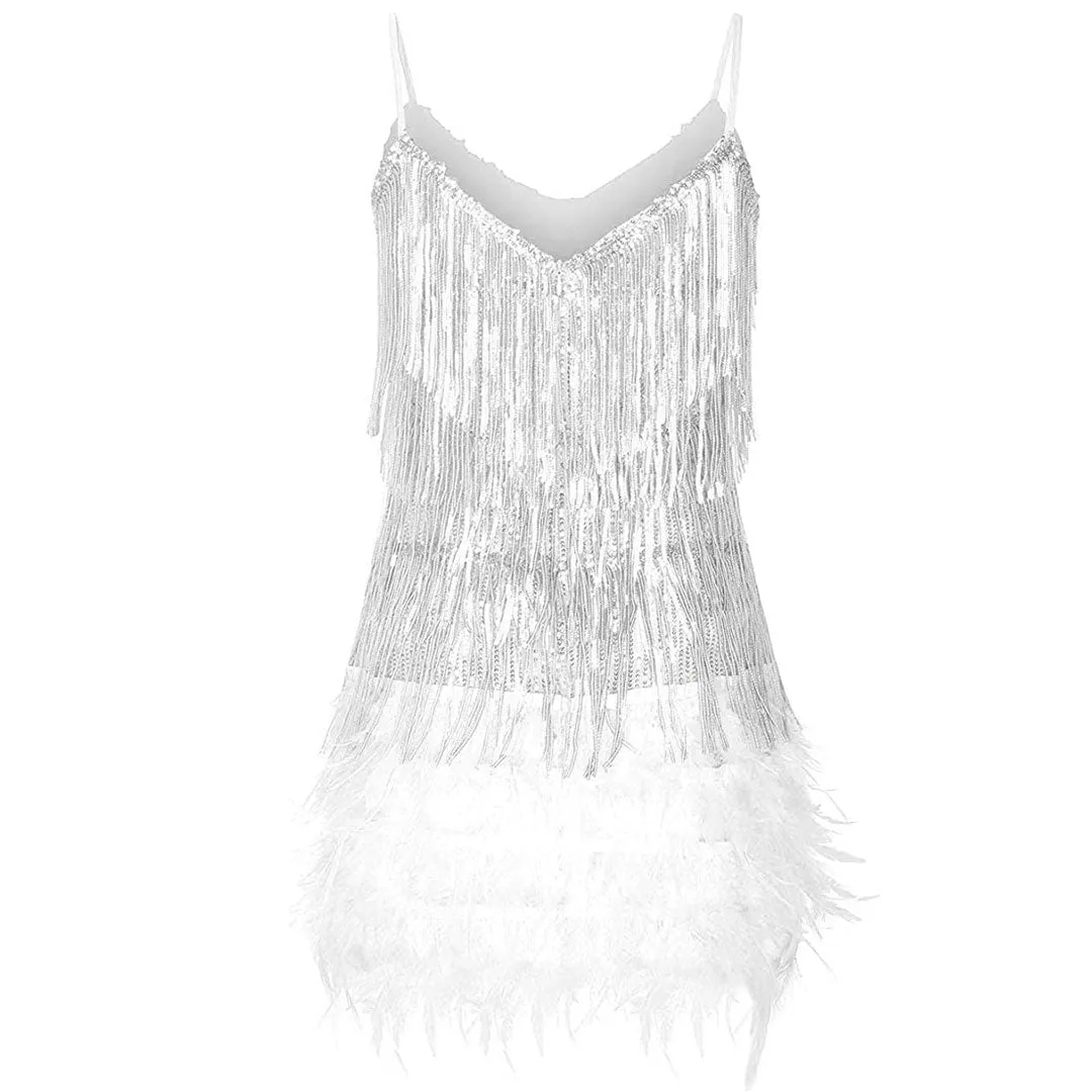 Shimmery Scoop Neck Sequin Fringe Feather Slip Flapper Mini Dress - White