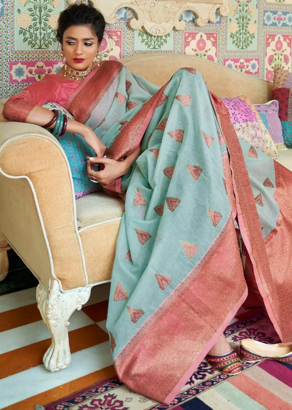 Sky Blue Woven Linen Silk Saree with Butti overall