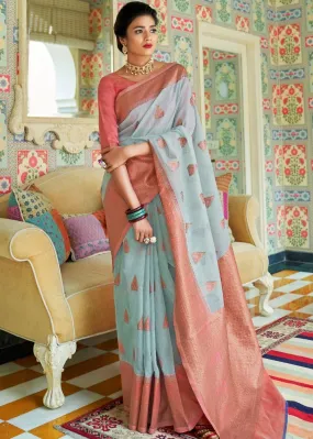 Sky Blue Woven Linen Silk Saree with Butti overall