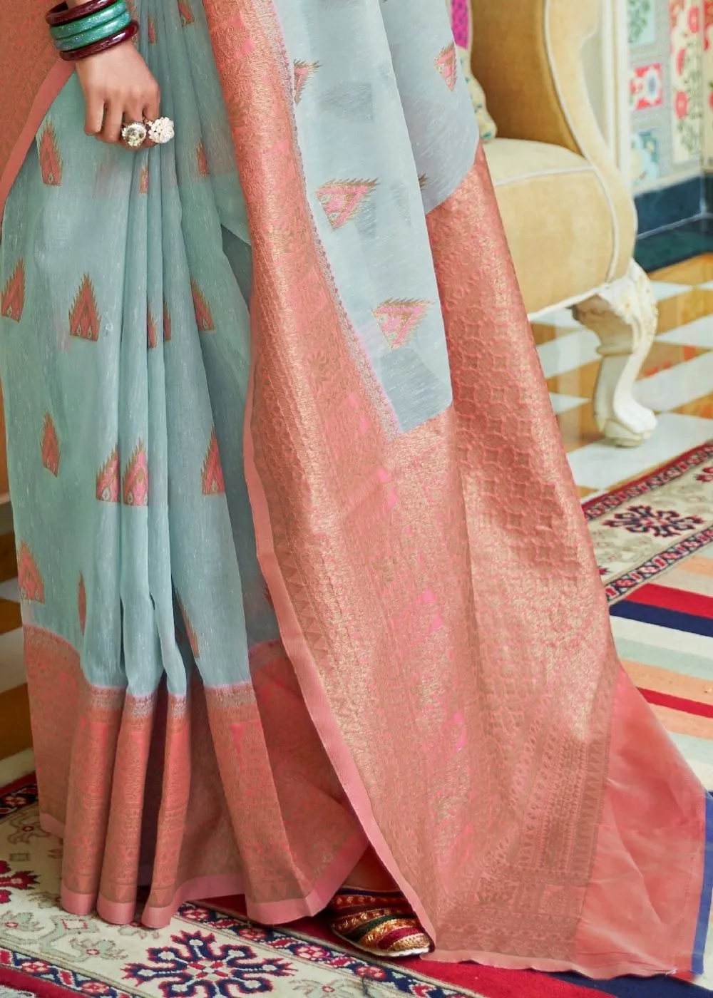 Sky Blue Woven Linen Silk Saree with Butti overall