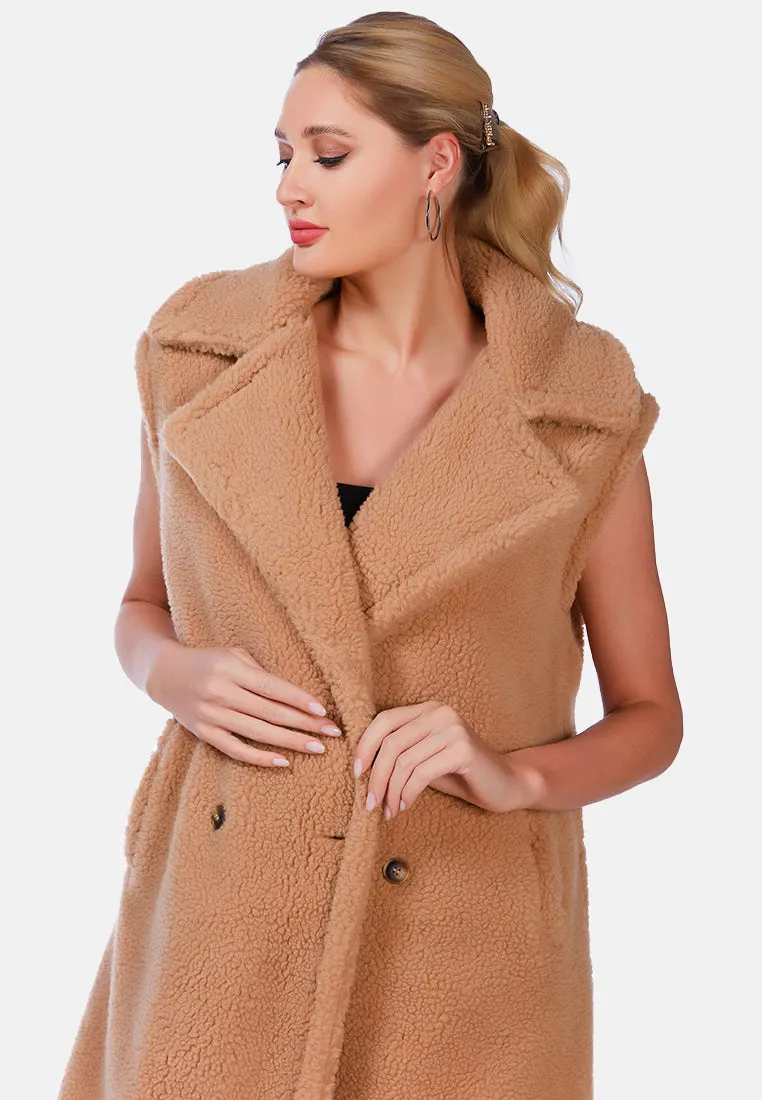 Sleeveless Double Breasted Teddy Coat