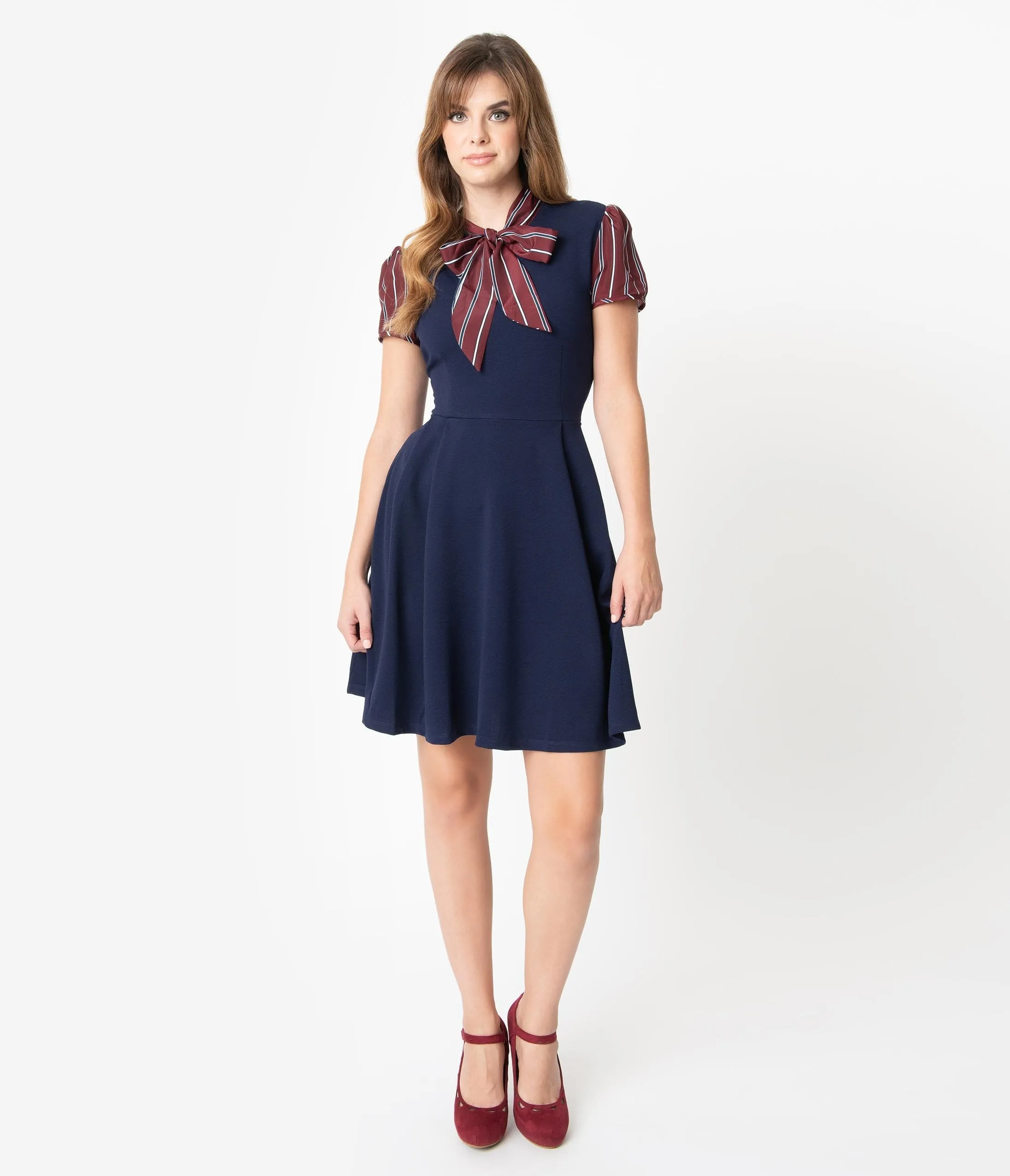 Smak Parlour 1960s Navy Blue & Burgundy Stripe Sleeve Fit & Flare Dress