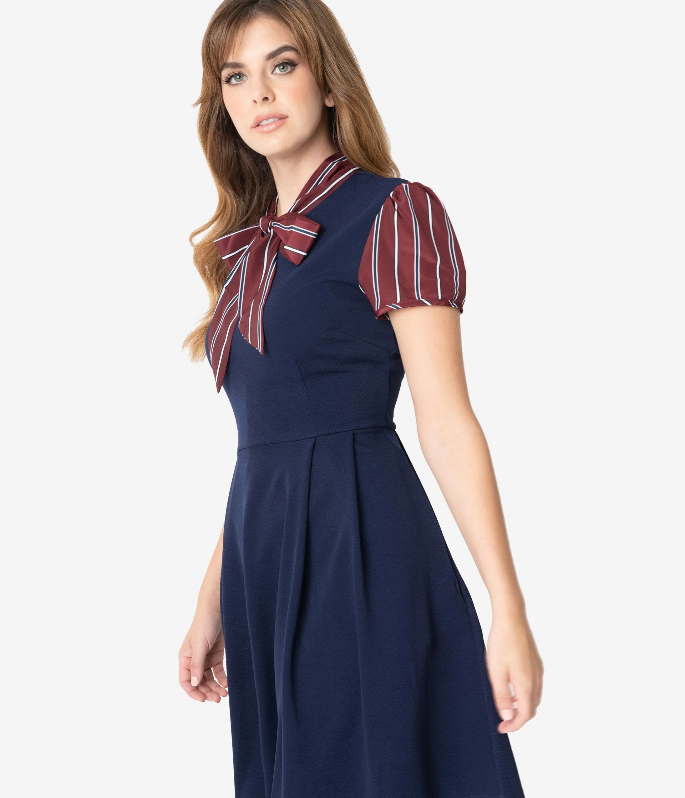 Smak Parlour 1960s Navy Blue & Burgundy Stripe Sleeve Fit & Flare Dress