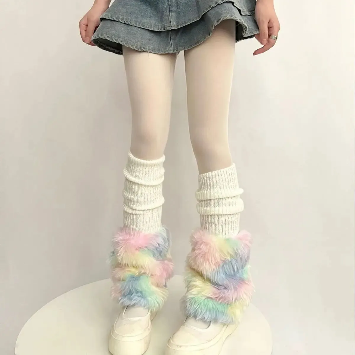 Sohiwoo Cute Colorful Rainbow Leg Warmer Plush Imitation Fur Japanese Women Knitted Over Knee Tube  Winter Warm Long Leg Cover Socks