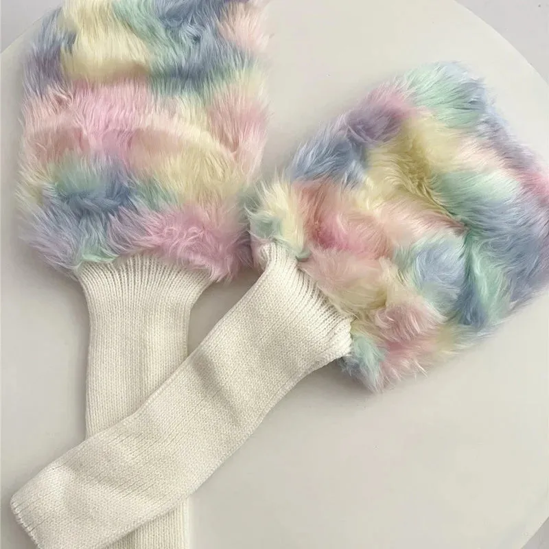 Sohiwoo Cute Colorful Rainbow Leg Warmer Plush Imitation Fur Japanese Women Knitted Over Knee Tube  Winter Warm Long Leg Cover Socks