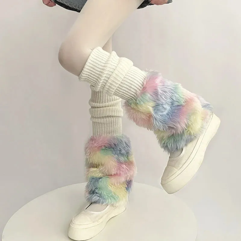 Sohiwoo Cute Colorful Rainbow Leg Warmer Plush Imitation Fur Japanese Women Knitted Over Knee Tube  Winter Warm Long Leg Cover Socks