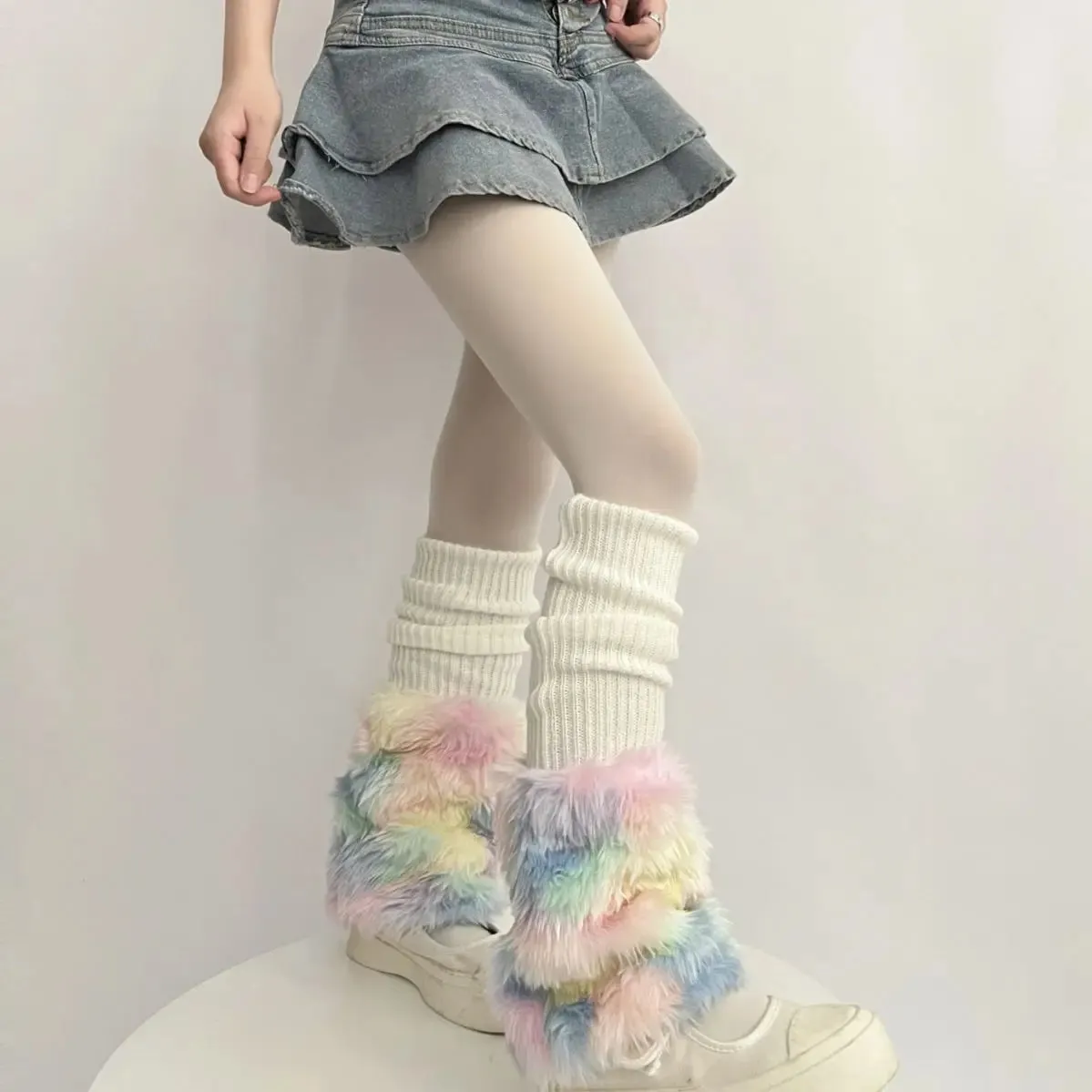 Sohiwoo Cute Colorful Rainbow Leg Warmer Plush Imitation Fur Japanese Women Knitted Over Knee Tube  Winter Warm Long Leg Cover Socks