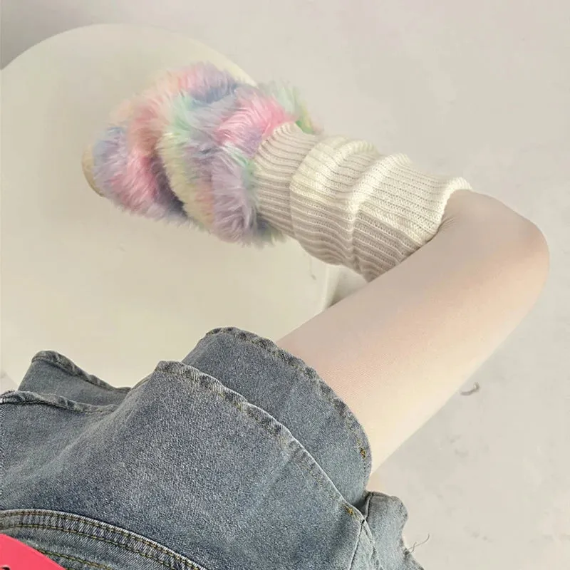 Sohiwoo Cute Colorful Rainbow Leg Warmer Plush Imitation Fur Japanese Women Knitted Over Knee Tube  Winter Warm Long Leg Cover Socks