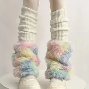 Sohiwoo Cute Colorful Rainbow Leg Warmer Plush Imitation Fur Japanese Women Knitted Over Knee Tube  Winter Warm Long Leg Cover Socks