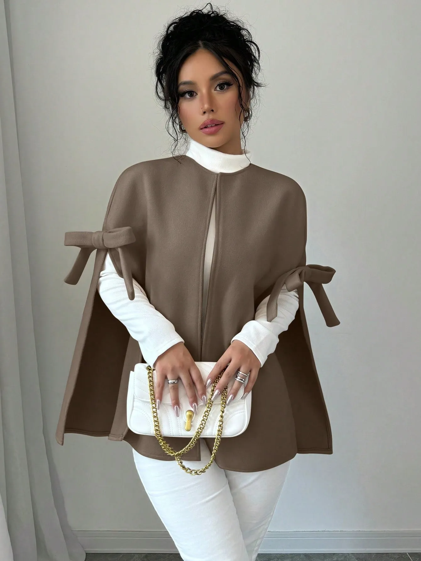 Solid Color Butterfly Sleeve Cape Design Elegant Overcoat