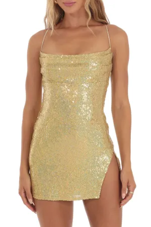 Sparkly Pleated Trim Sleeveless Slit Bodycon Sequin Party Mini Dress - Gold