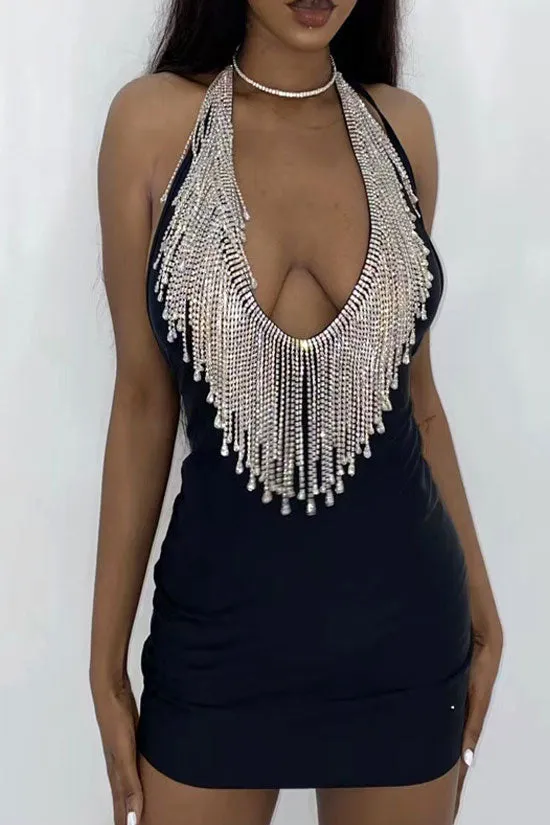 Sparkly Rhinestone Fringe Deep V Neck Halter Bodycon Party Mini Dress - Black