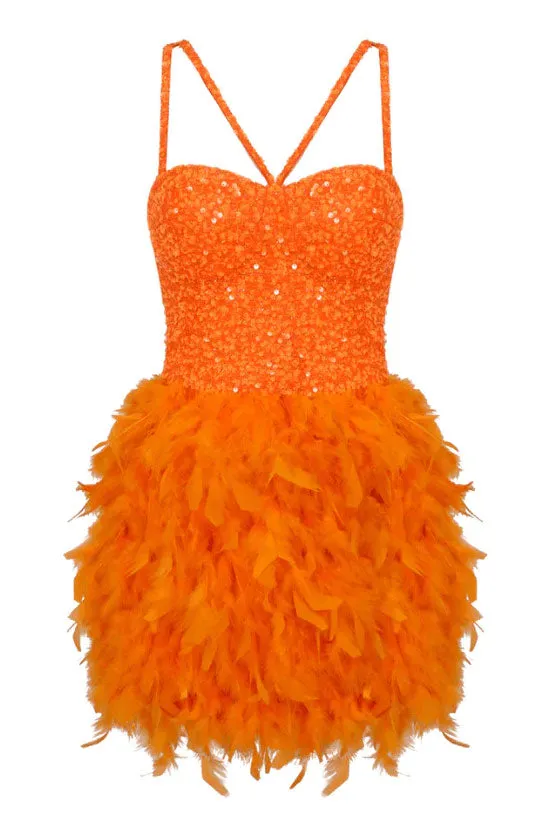 Sparkly Sequin Bustier Sleeveless Feather Trim Party Mini Dress - Burnt Orange