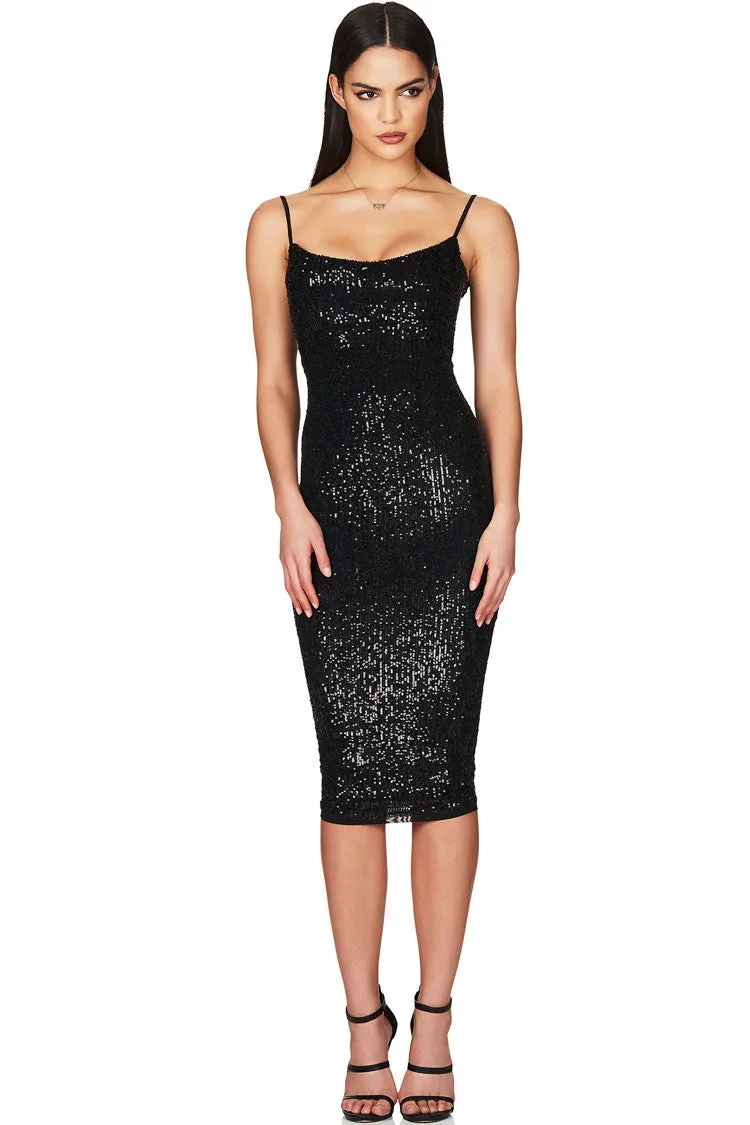 Sparkly Sequin Scoop Neck Spaghetti Strap Cocktail Party Midi Dress - Black