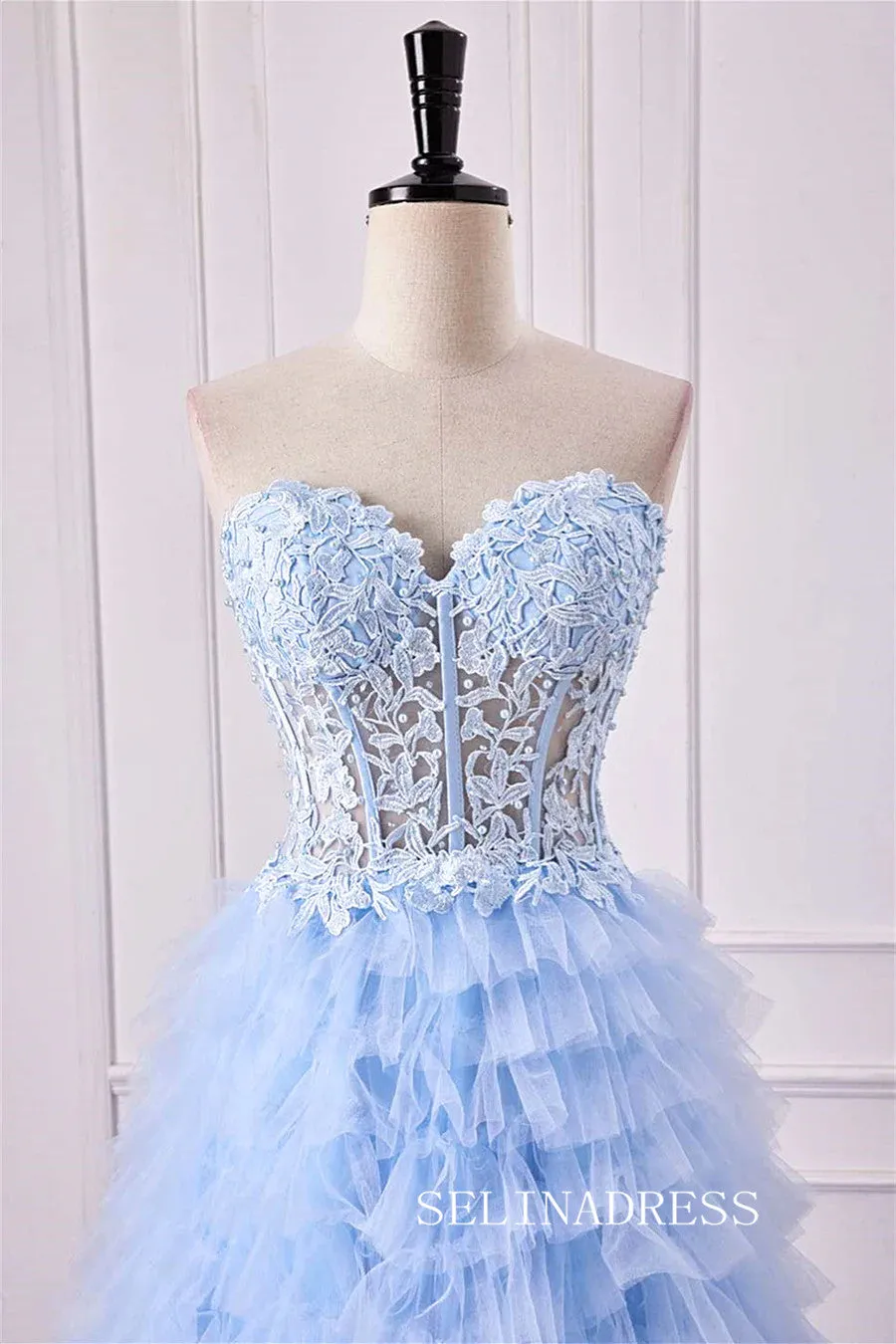 Strapless Floral  Light Blue Layers A-line Long Prom Dress with Slit lps027