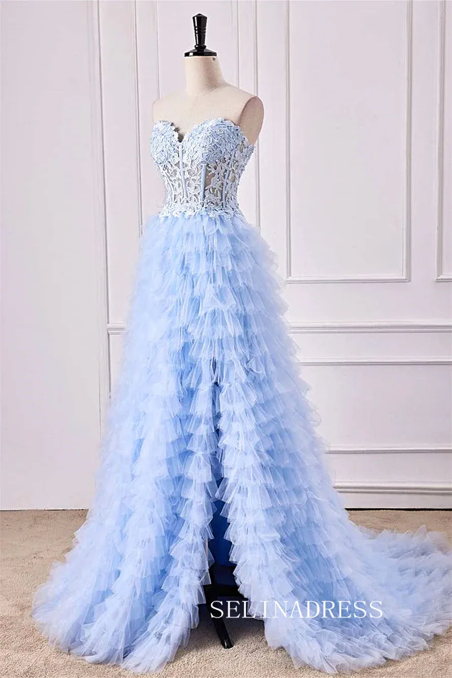 Strapless Floral  Light Blue Layers A-line Long Prom Dress with Slit lps027