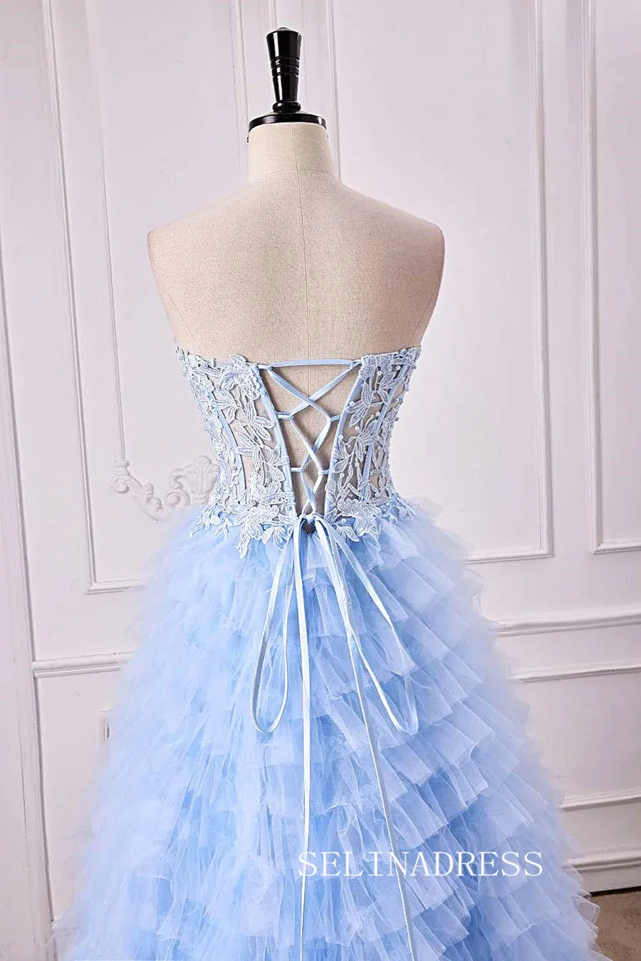 Strapless Floral  Light Blue Layers A-line Long Prom Dress with Slit lps027