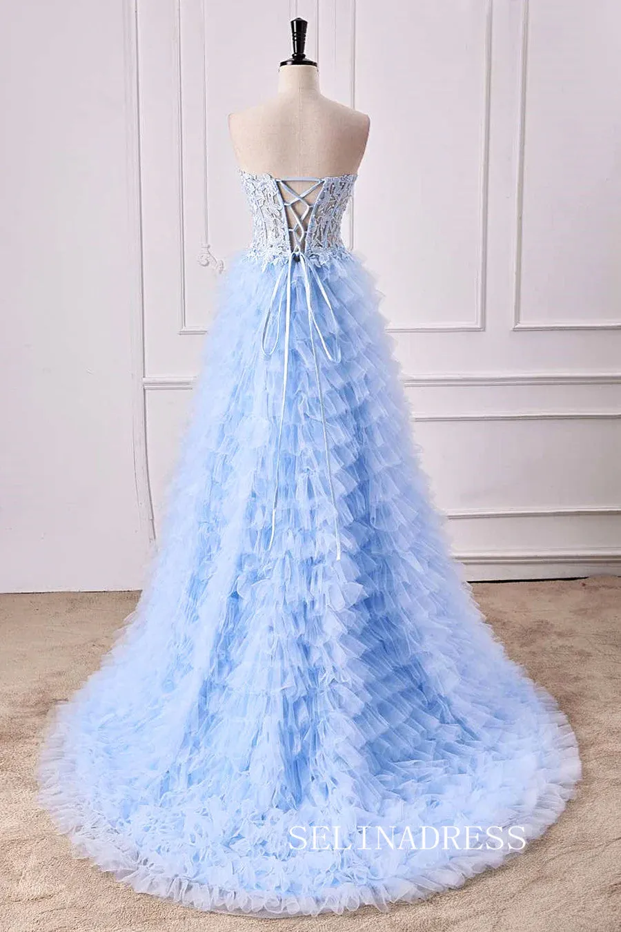 Strapless Floral  Light Blue Layers A-line Long Prom Dress with Slit lps027