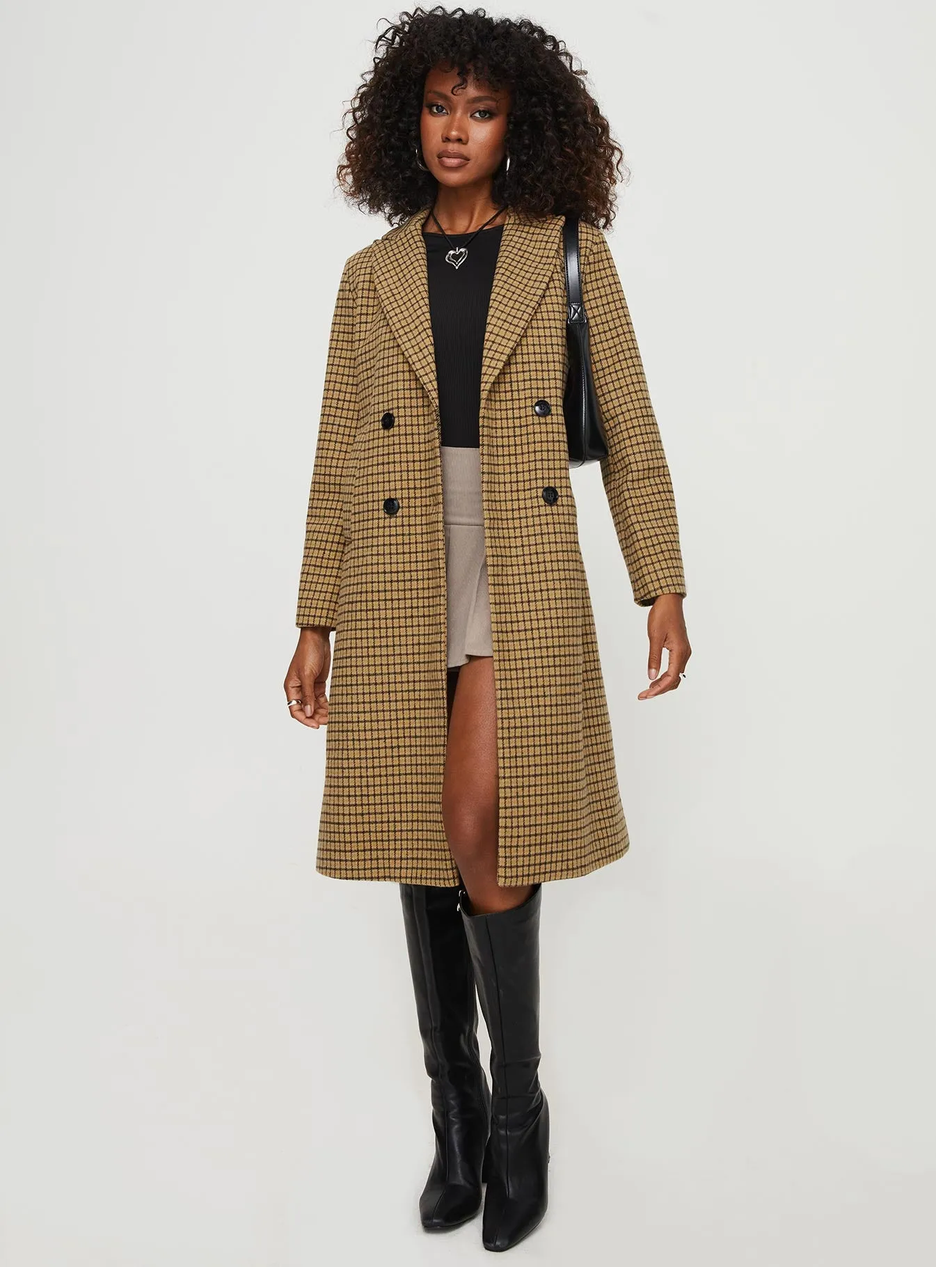 Temperature Longline Coat Brown Plaid