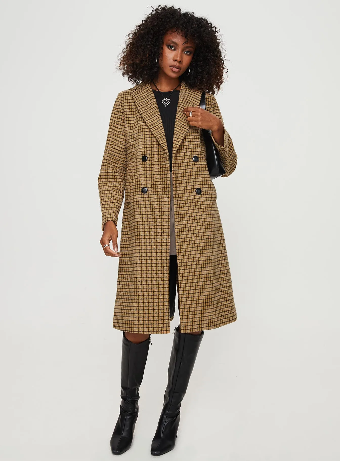 Temperature Longline Coat Brown Plaid