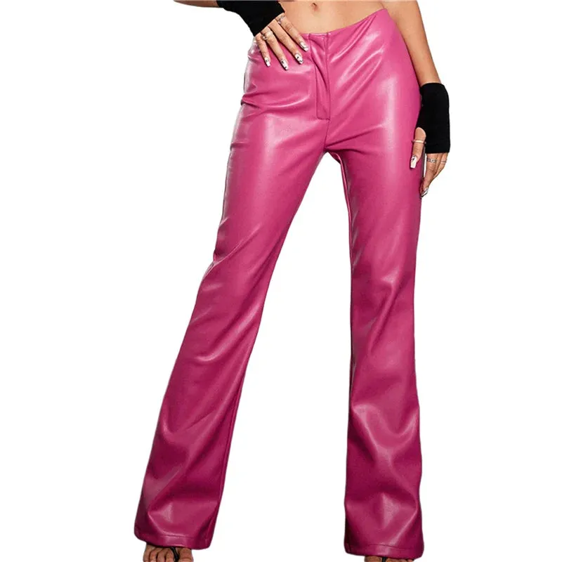 Trendy Solid Pink Faux Leather Flare Pants