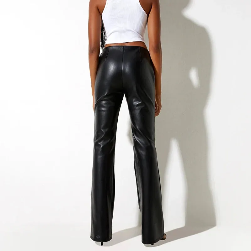 Trendy Solid Pink Faux Leather Flare Pants