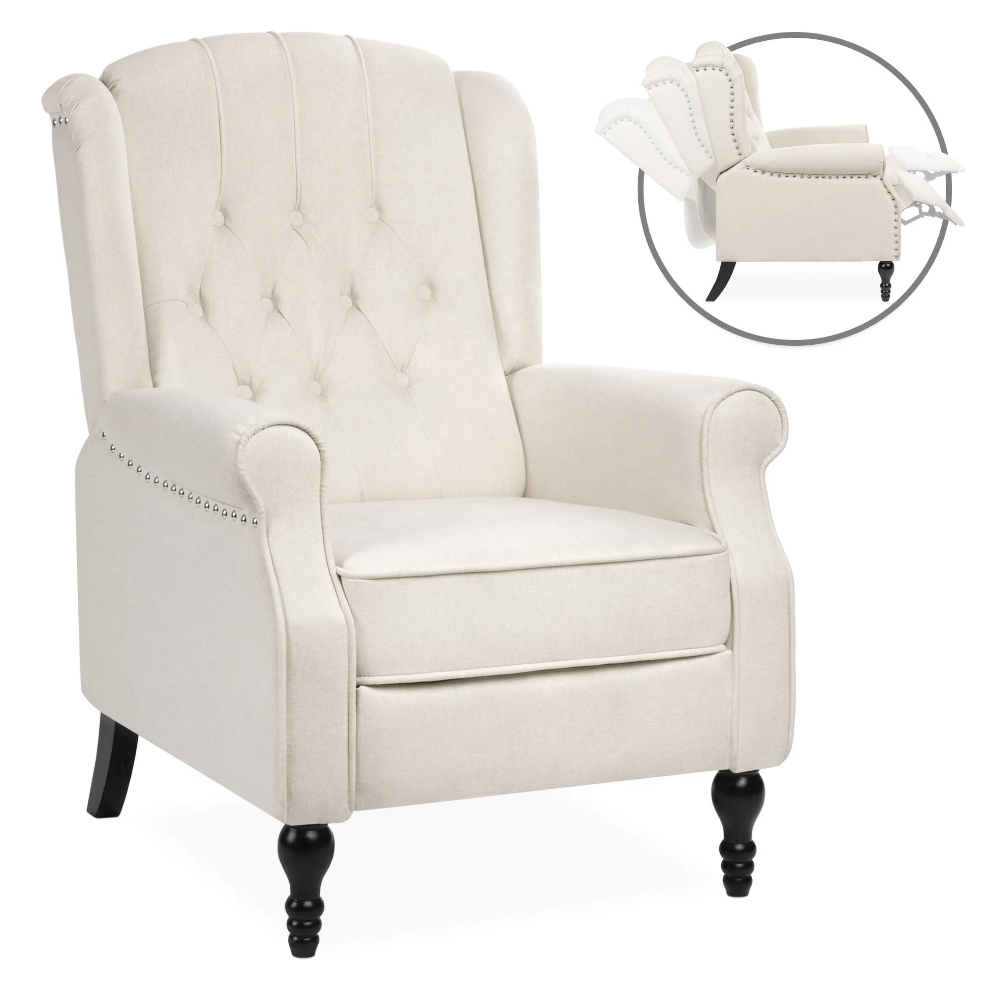 Tufted Upholstered Wingback Push Back Recliner Armchair w/ Nailhead Trim