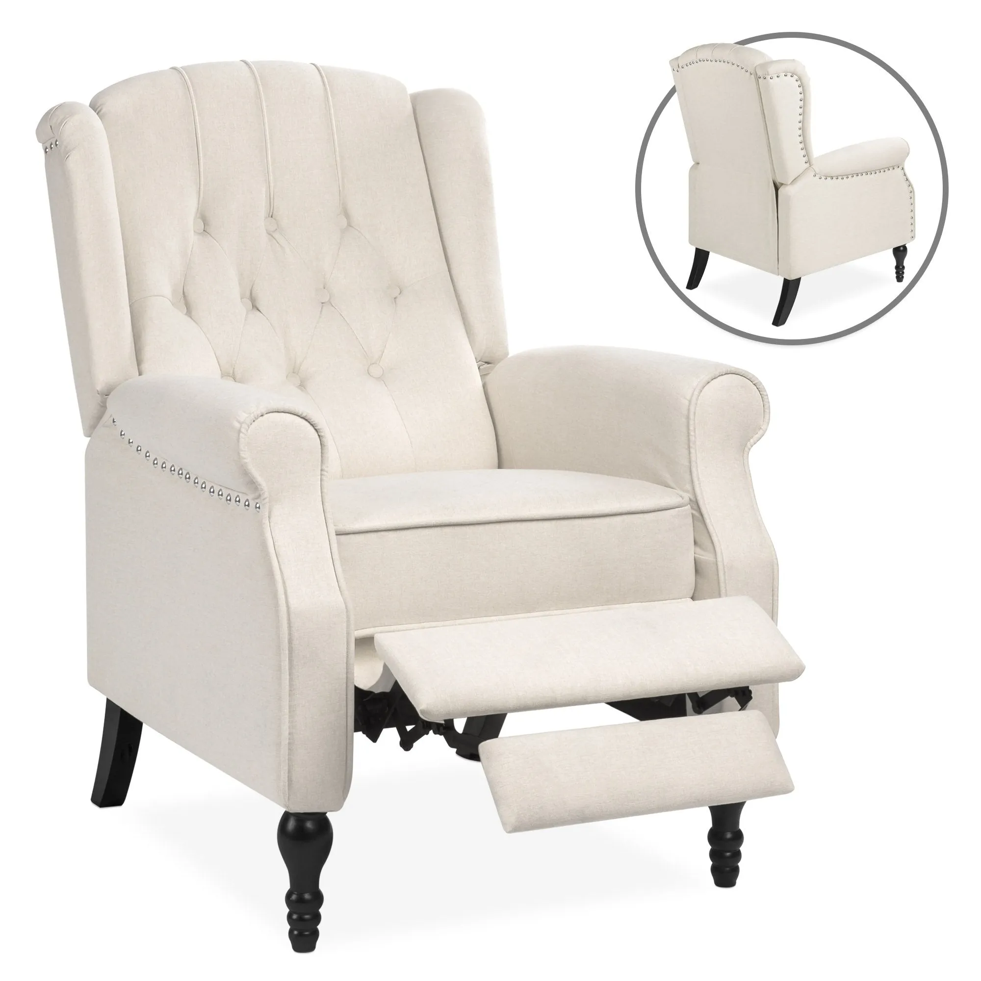 Tufted Upholstered Wingback Push Back Recliner Armchair w/ Nailhead Trim