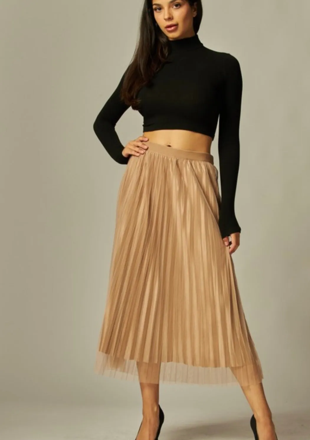 Tulle Satin Double Layered Pleated Skirt