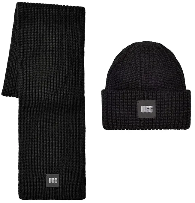 Ugg Boots Accessories Chunky Rib Knit Pom Beanie Set Black