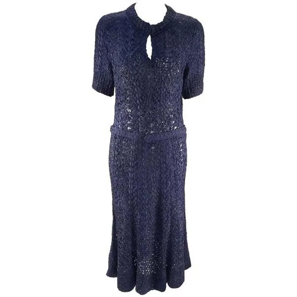 Unbelievable 1940s Navy Blue Silk Ribbon Knit Knee Length Dress and Belt