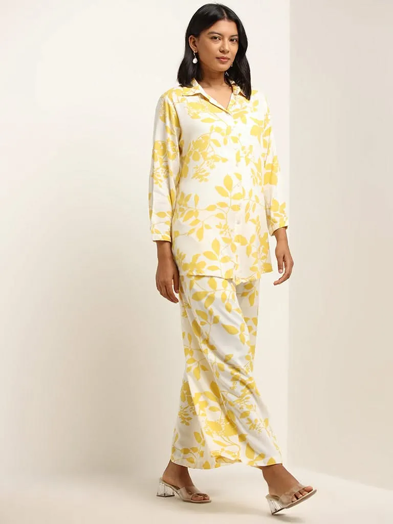 Utsa Yellow Leaf Printed Straight Tunic