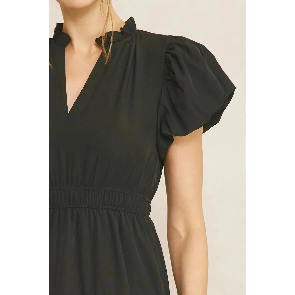 V Neck Bubble Sleeve Tiered Dress - Black