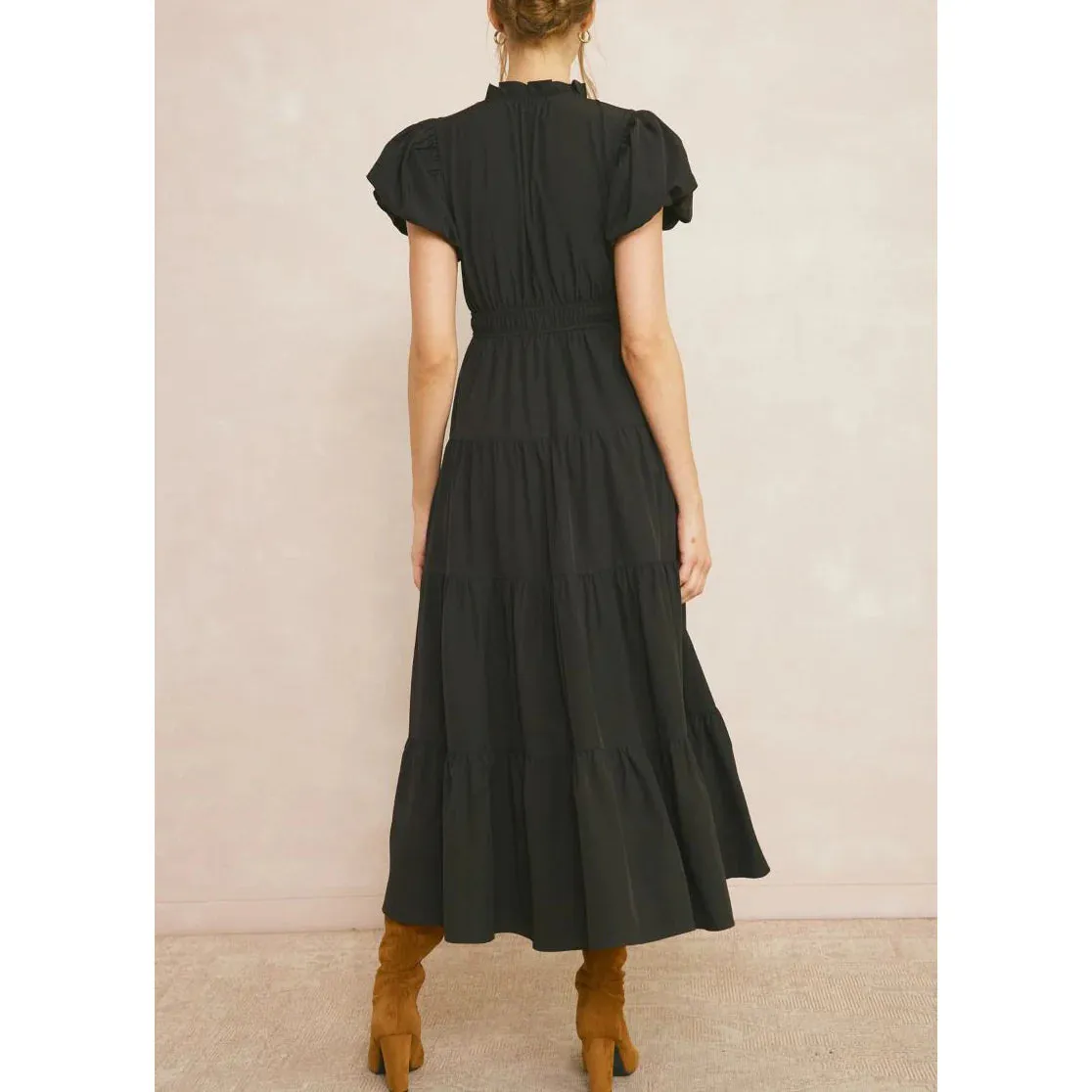 V Neck Bubble Sleeve Tiered Dress - Black