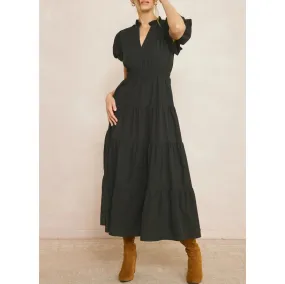 V Neck Bubble Sleeve Tiered Dress - Black