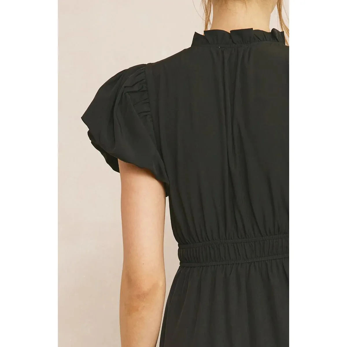 V Neck Bubble Sleeve Tiered Dress - Black