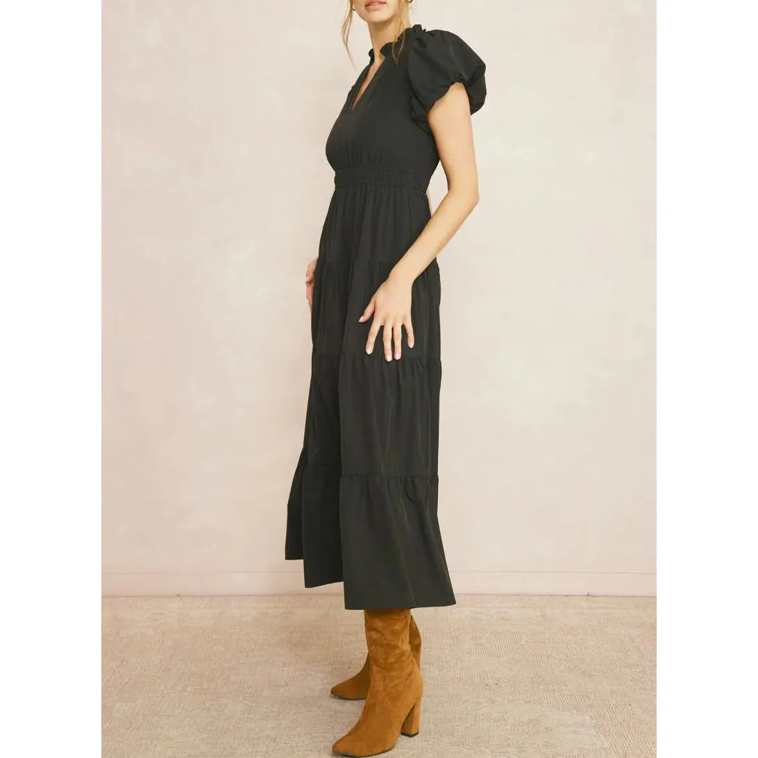 V Neck Bubble Sleeve Tiered Dress - Black