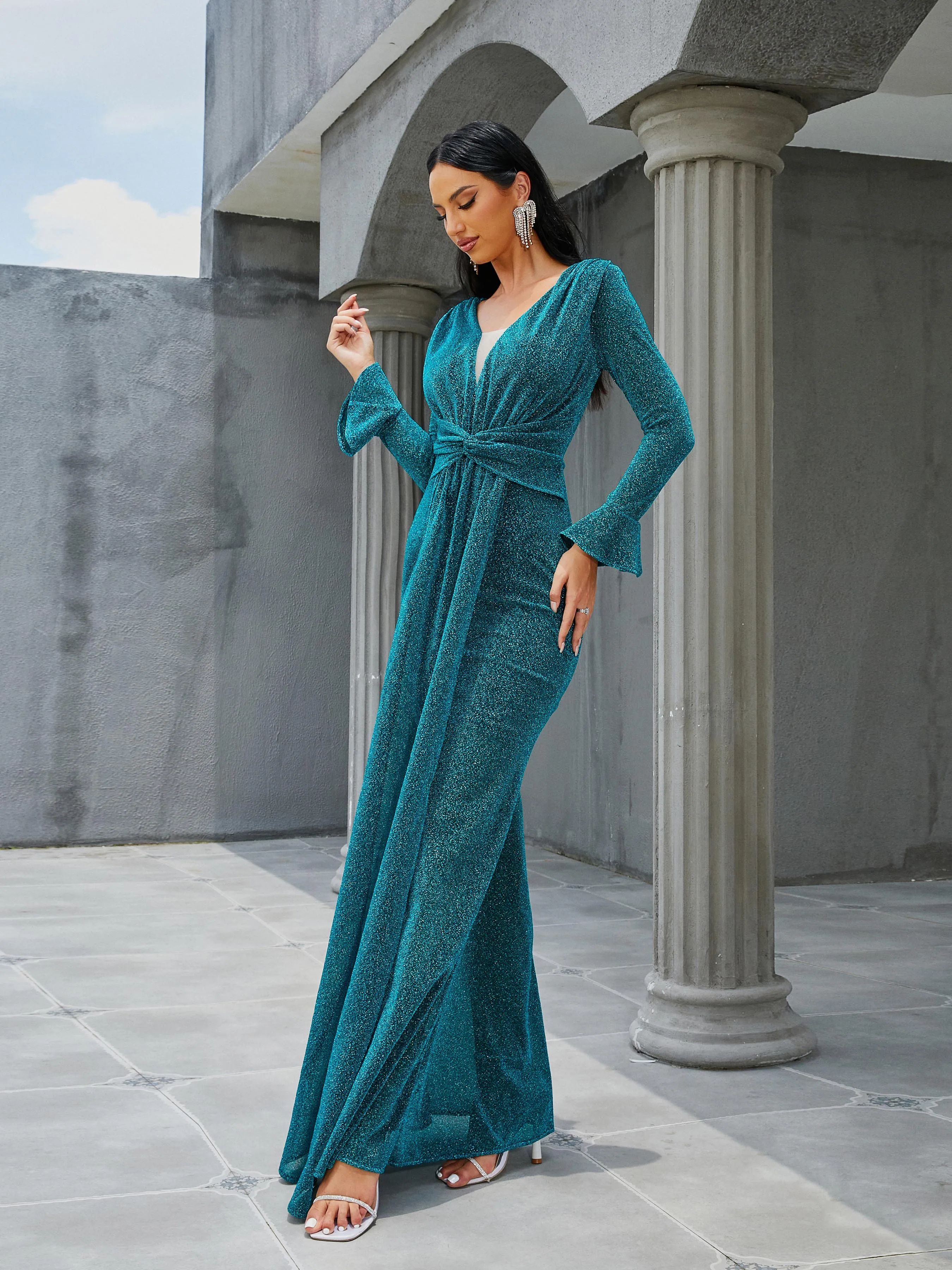 V-Neck Long Sleeve Draped Maxi Green Evening Dress RH30657