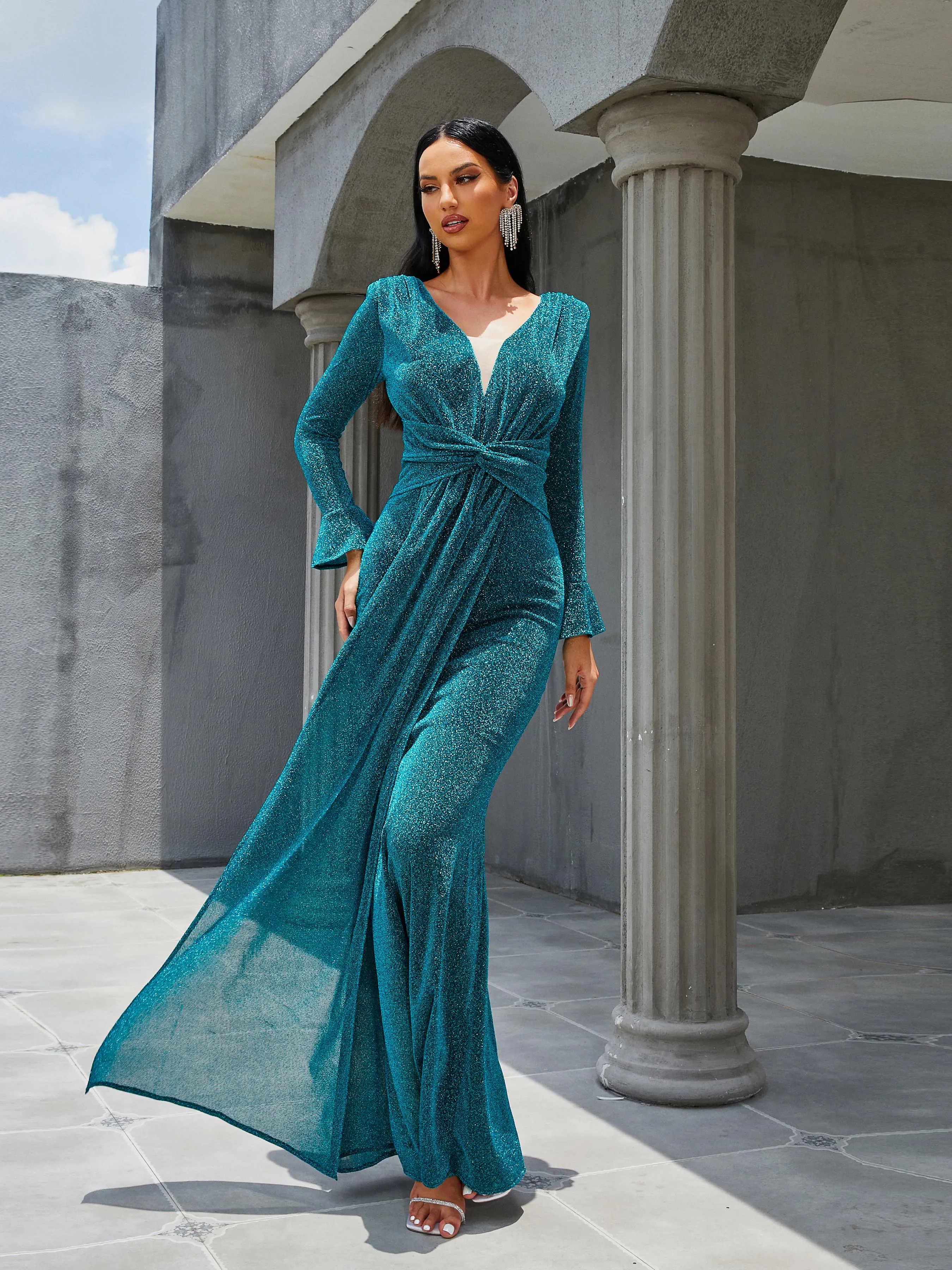 V-Neck Long Sleeve Draped Maxi Green Evening Dress RH30657